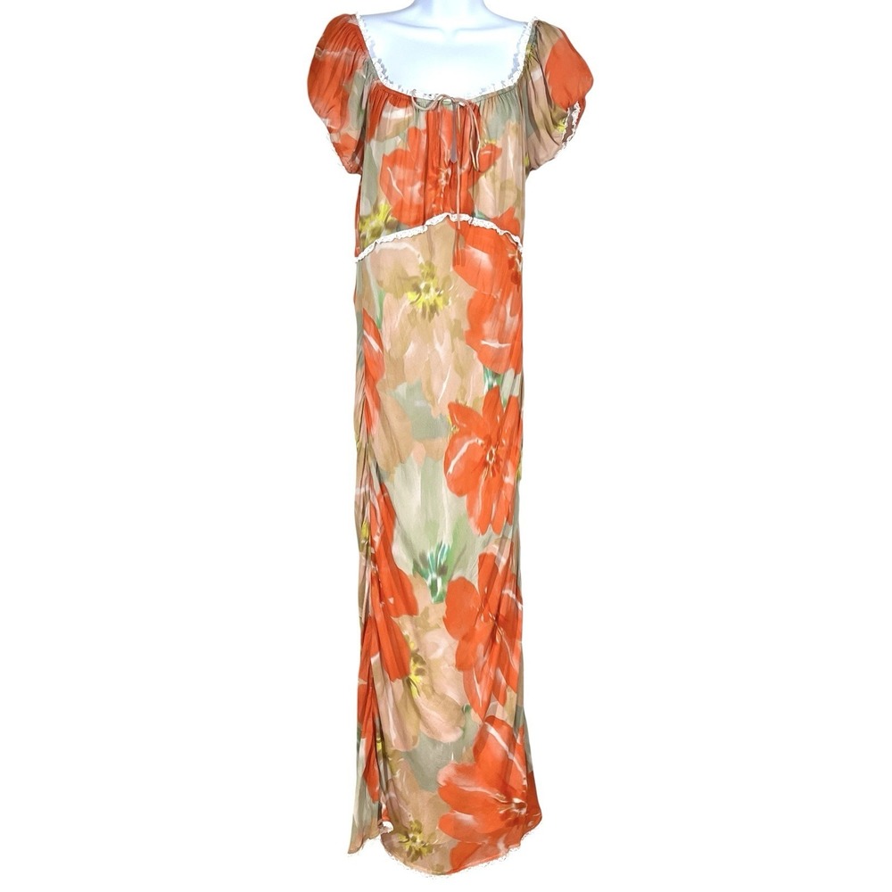 Isabelle Quinn Floral Maxi Dress US 10 Lace Trim Milkmaid Puff Sleeve Coquette